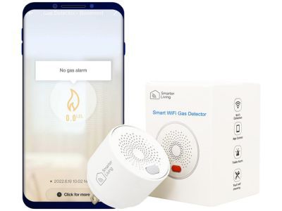 Smarter Living– Smart WiFi Gas Detector (Natural Gas, Propane, and Other Flammable Gases), Loud 70dB Alarm, Phone Notifications, No Hub Required, Reliable Sensor, Modern White Status LED